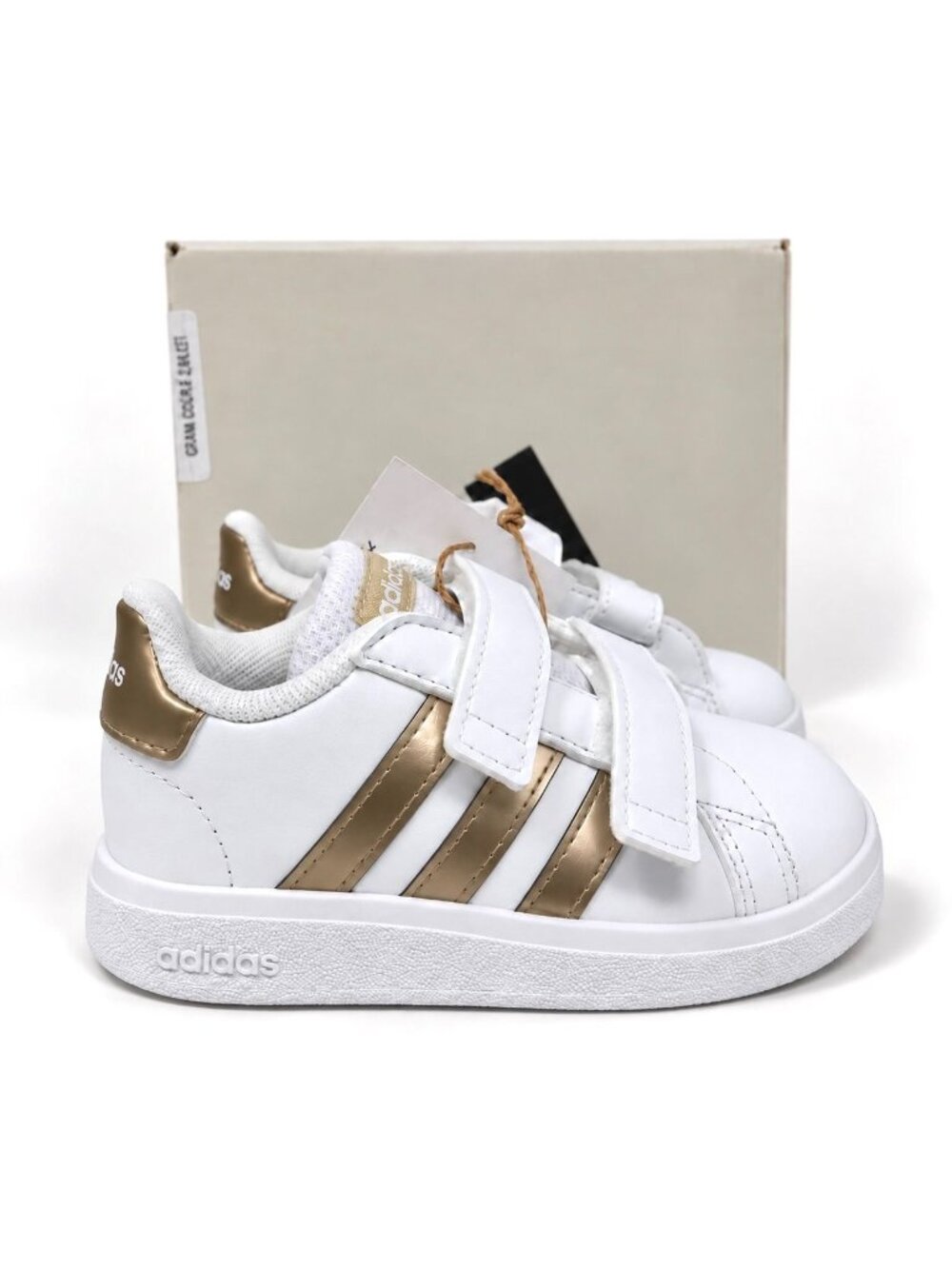 Adidas Grand Court 2.0 CF Toddler Shoes US 6.5K White Gold Hook Loop Sneakers